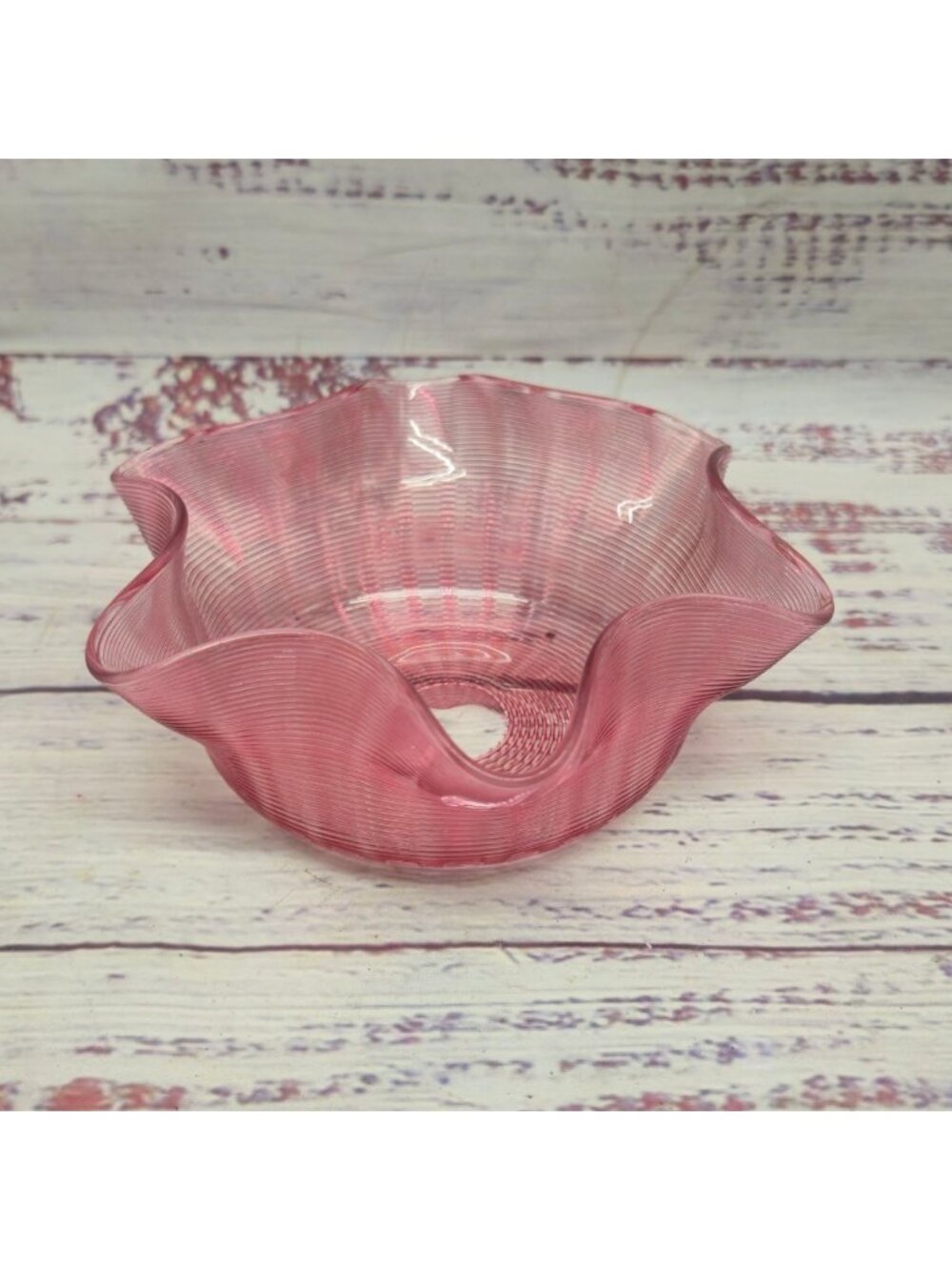 Antique Victorian Cranberry Art Glass Threaded & Ruffled Bowl With Elegant Swirl - Picture 2 of 10